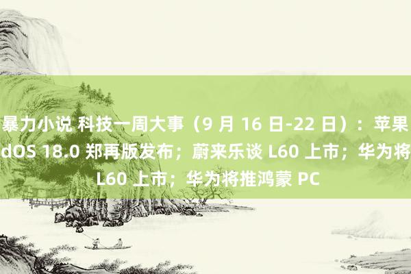 暴力小说 科技一周大事（9 月 16 日-22 日）：苹果 iOS / iPadOS 18.0 郑再版发布；蔚来乐谈 L60 上市；华为将推鸿蒙 PC